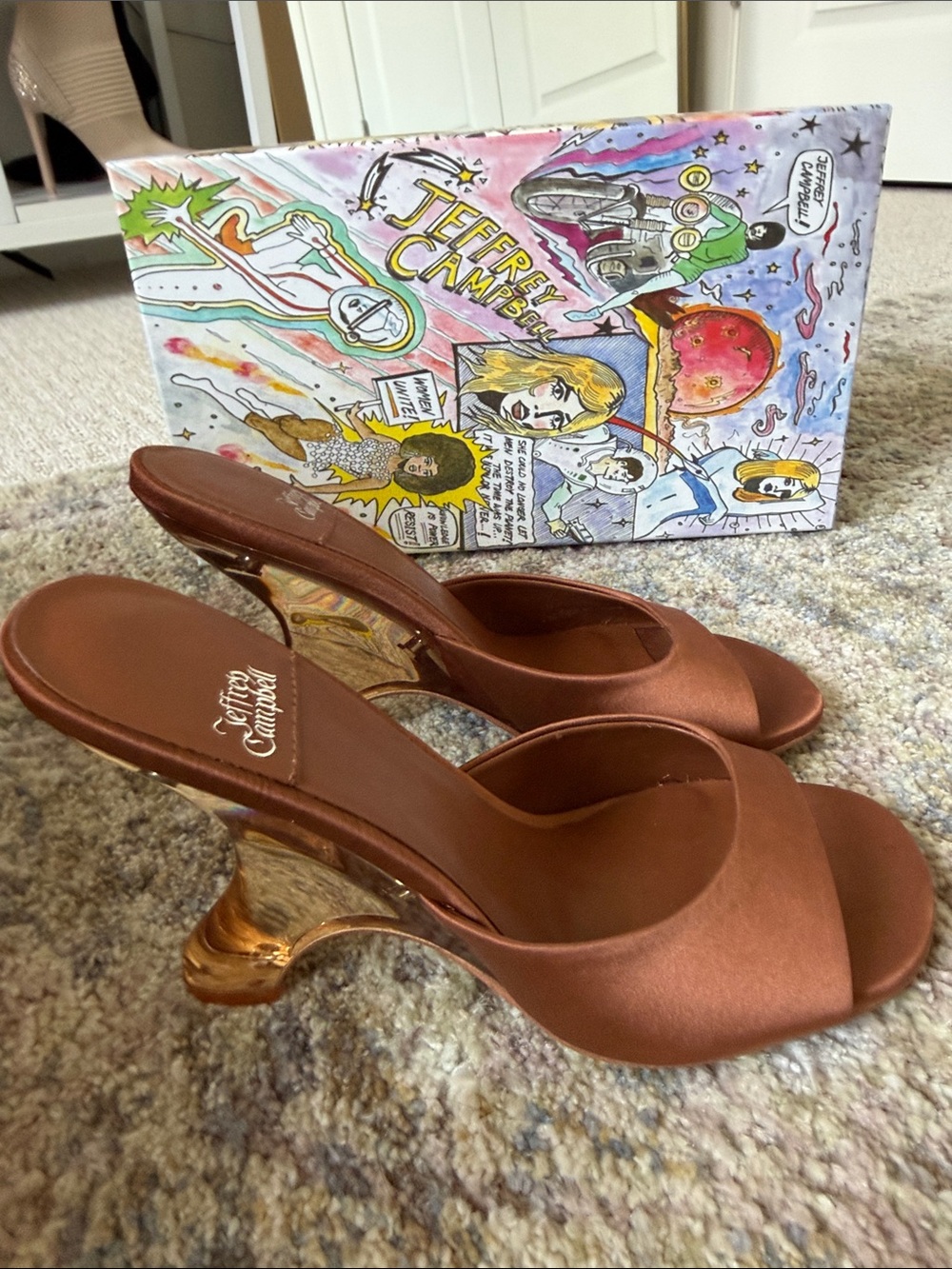 Jeffrey Campbell Brown Satin Slide Mules with Sculpted Clear Heel - Picture 6 of 9